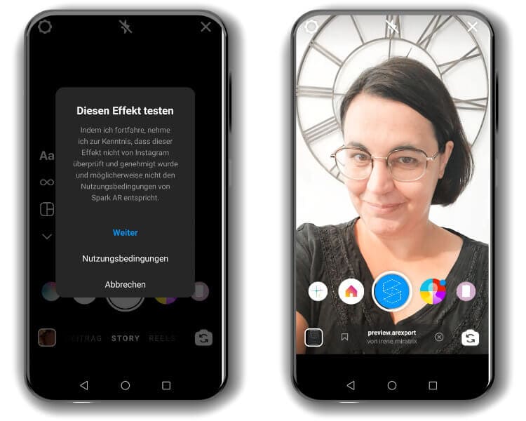Smartphone-Screenshots, wenn ein Instagram Filter von Spark AR zum Testen geschickt wird: Links sieht man die Nachricht von Instagram, dass es nur ein Test ist. Rechts sieht man einen Farbfilter, der basierend auf einem Lightroom Preset erstellt wurde.