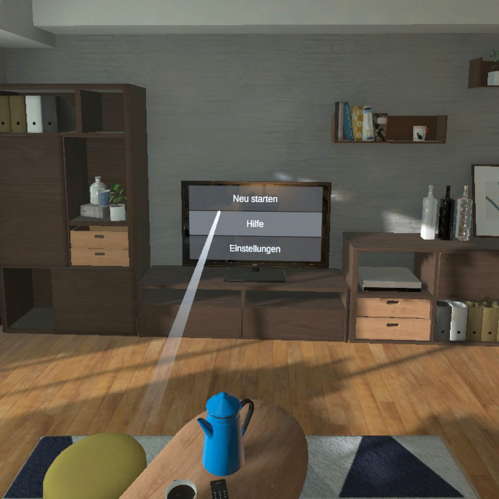 In einer VR-App wird über einen Raycast ein virtuelles Menü ausgewählt.